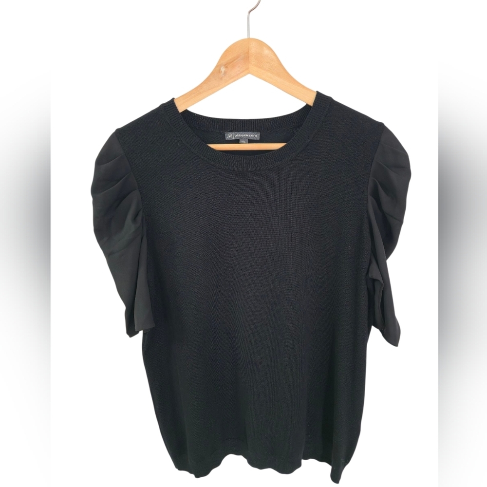 Adrianna Papell Round Neck Top Puffed Shirred Sleeves Black Size Large